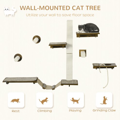 PawHut 8Pcs Cat Shelves, Cat Wall Furniture with Scratching Posts, Perches, Ladder, Wall Mounted Cat Tree for Sleeping, Playing, Lounging - Brown