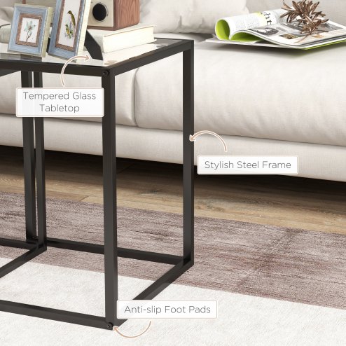 HOMCOM Nesting Tables Set of 2, Side End Table with Tempered Glass Top and Steel Frame for Living Room, Bedroom, Black