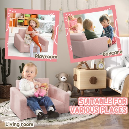 AIYAPLAY Toddler Sofa, Kids Sofa Bed, 2 in 1 Recliner Foldable Kids Armchair with Washable Cushion, Cover, for 1.5-3 Years Old, One Seater, Pink
