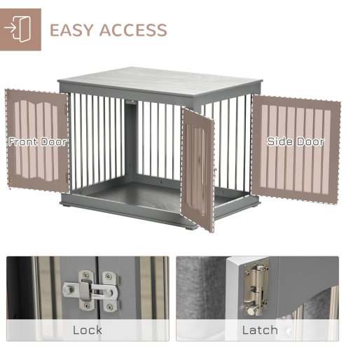PawHut Dog Crate End Table with Three Doors, Furniture Style Dog Crate with Interchanged Side Door, for Medium Dogs, Indoor Use w/ Locks and Latches - Grey