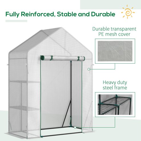 Outsunny Walk In Greenhouse with 2 Tier Shelf, Portable Gardening Plant Grow House Tomato Greenhouse with Roll up Zip Panel Door, Reinforced PE Cover, 143 x 73 x 195cm, Green