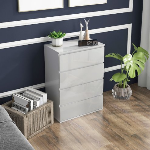 HOMCOM High Gloss Chest of Drawers, Modern 4 Drawer Dresser with Soft Closing Mechanism for Bedroom, White