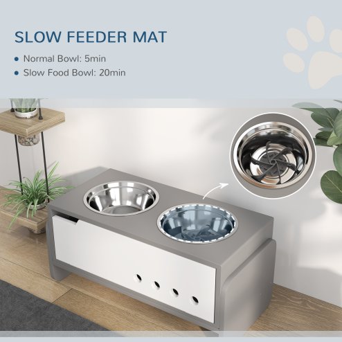 PawHut Raised Dog Bowls with Stand, 3 Height Adjustable Dog Feeding Storage Station with Slow Feeder Mat, 2 x 2000mL Stainless Steel Bowls for Medium to Extra Large Dogs - Grey