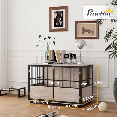 PawHut Dog Crate Furniture, Dog Cage End Table Indoor with 3 Doors, Furniture Style Dog Crate with Soft Washable Cushion, for Large Dogs, 100L x 60W x 68Hcm