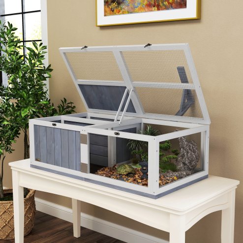 PawHut Tortoise House with Lamp Holder, Wooden Tortoise Enclosure with Clear Observation Windows, Openable Tops, Built-in Tray, Two-Room Turtle Table for Indoor Use, Light Grey