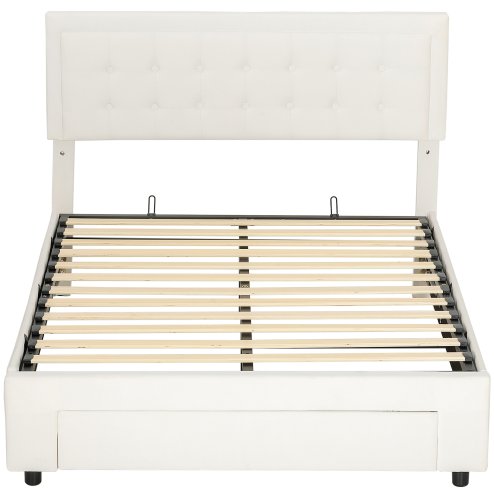 HOMCOM Double Ottoman Bed Frame, 4ft6 Gas Lift Storage Bed with 2-Level Adjustable Velvet Upholstered Headboard, Wheeled Drawer and Wooden Slats, No Mattress, Cream White