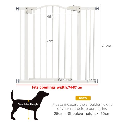 PawHut Pressure Fit Dog Stair Gate No Drilling Safety Gate Auto Close for Doorways, Hallways, 74-87cm Adjustable, 78cm Tall, White