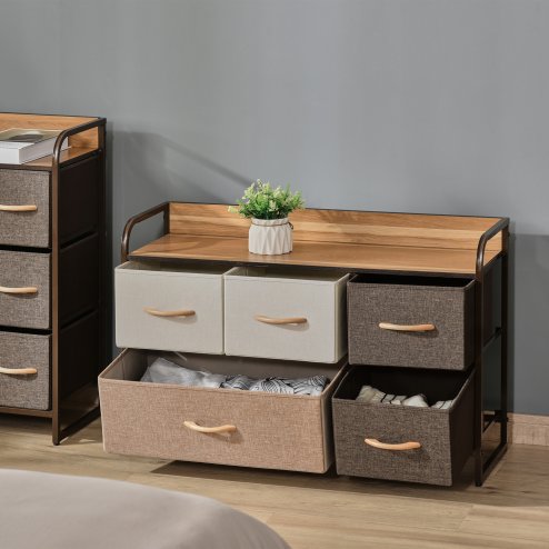 HOMCOM 5-Drawer Dresser, Linen Fabric Chest of Drawers, Dresser Tower Unit for Bedroom Hallway Entryway, Storage Organizer with Steel Frame Wooden Top