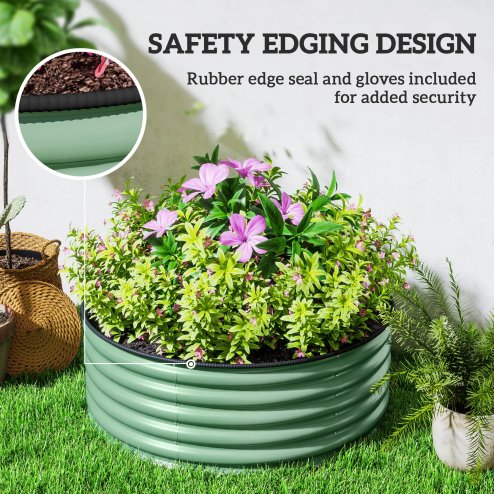 Outsunny Galvanised Raised Garden Bed with Safety Edging, Outdoor Raised Planter Box with Gloves and Open Bottom, Metal Raised Bed for Flowers, Vegetables and Herbs, 120 x 120 x 43cm, Light Green
