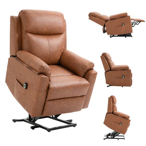 HOMCOM Power Lift Recliner Chair, Electric Lift Chair for Elderly, Overstuffed Faux Leather Riser and Reclining Armchair with Remote Control, Side Pockets, for Living Room, Brown