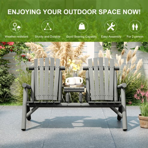 Outsunny Wood Patio Chair Bench 2 Seats with Centre Coffee Table, Garden Bench for Lounging and Relaxing Outdoors, Grey