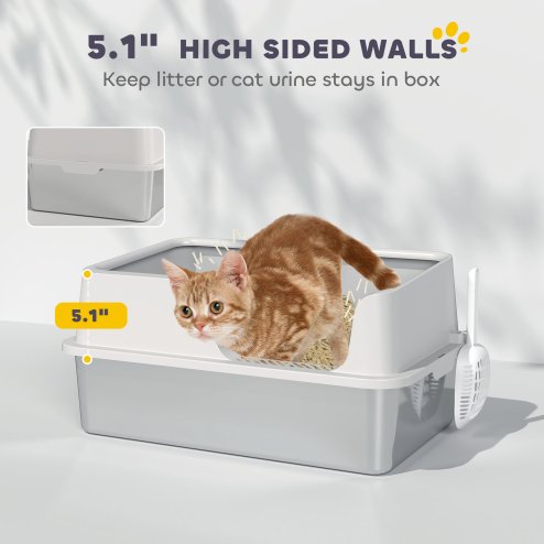 PawHut Stainless Steel Litter Box, High Sided Metal Cat Litter Tray with Detachable Rim, Scoop, Easy Cleaning, Odour-Resistant, 60 x 40 x 28 cm