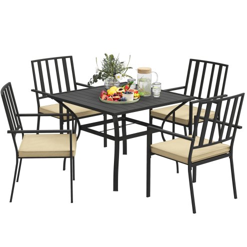 Outsunny 5 Pieces Garden Dining Set with Cushions, Outdoor Patio Table and 4 Stackable Chairs, Metal Top Table with Umbrella Hole, Black