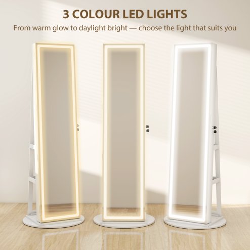 HOMCOM 360 Swivel Mirror Jewellery Cabinet with 3 Colour LED Lights, Lockable Jewellery Organiser, Free Standing Full Length Mirror with Storage for Earrings, Necklaces, Rings and Lipsticks, White