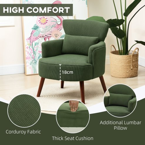HOMCOM Modern Armchair, Upholstered Corduroy Accent Chair with Thick Padded Seat, Lumbar Pillow, Rubber Wood Legs, Cuddle Chair for Living Room Bedroom Office, Green