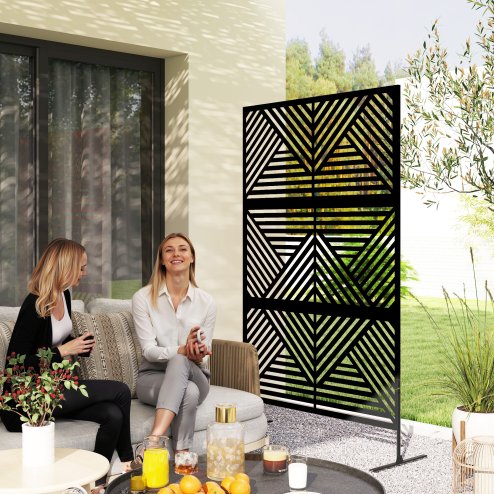 Outsunny Decorative Garden Privacy Screen with Stand, 6.5FT Freestanding Metal Outdoor Divider, Decorative Privacy Panel with Expansion Screws for Garden Pool Hot Tub, Rhombus Style, Black