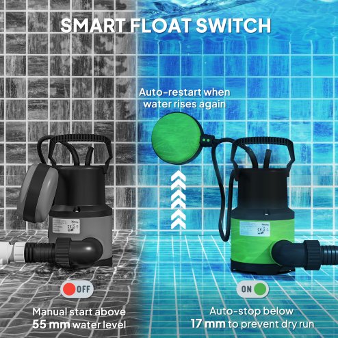 Outsunny 400W Submersible Water Pump for Dirty/Clean Water, 9000L/H Electric Sump Pump with Float Switch, Drain Water from Garden Pond, Hot Tub, Ditches, Portable and Lightweight