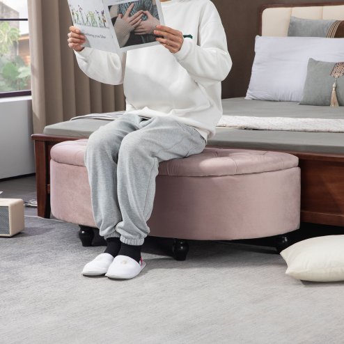 HOMCOM Semi-Circle Ottoman Storage Bench, Bed End Bench, Tufted Upholstered Window Seat Footrest Stool with Rubberwood Legs for Bedroom & Entryway, 120 x 46 x 42 cm