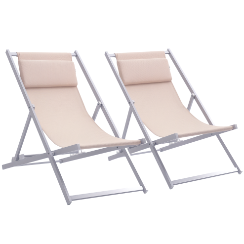 Outsunny Set of 2 Folding Garden Beach Aluminium Frame Deck Chairs Deckchairs Seaside Folding Garden Patio Lounger, Beige