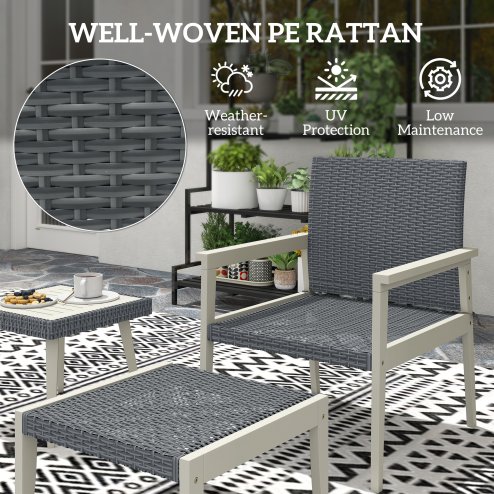 Outsunny 5 Pieces Rattan Garden Furniture Set, Patio Conversation Set with Cushions, Acacia Wood Top Coffee Table and Footstools, Outdoor Table and Chairs for Balcony, Terrace and Conservatory, Grey