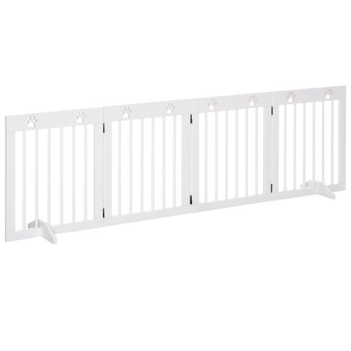 PawHut Freestanding Pet Gate 4 Panel Wooden Dog Barrier Folding Safety Fence with Support Feet up to 204cm Long 61cm Tall for Doorway Stairs White