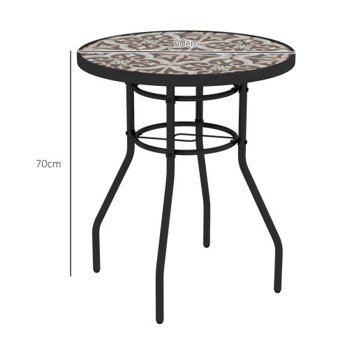 Outsunny 60 cm Garden Round Coffee Table,  Outdoor Side Table with Tempered Glass Printed Table Top and Foot Pads for Porch, Balcony, Tan Brown