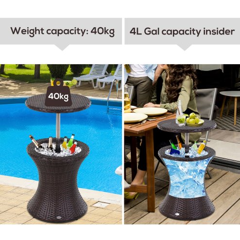 Outsunny PE Rattan Ice Bucket Table, Height Adjustable Liftable Outdoor Drinks Cooler, 52 cm Round Garden Beer Cocktail Table with Lid for Bar, Patio, Terrace, Brown