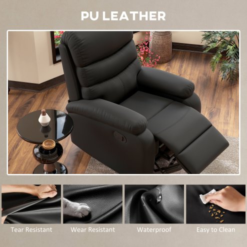 HOMCOM Recliner Armchair, PU Leather Manual Reclining Chair with Adjustable Leg Rest and Backrest, Easy Assembly, Recliner Chair for Living Room, Bedroom, Home Theater, Black