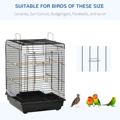 PawHut Bird Cage Parrot Cage Budgie Cage 59cm with Openable Top, Stand, Tray, Handles, Feeding Bowls for Parakeet, Finch, Black