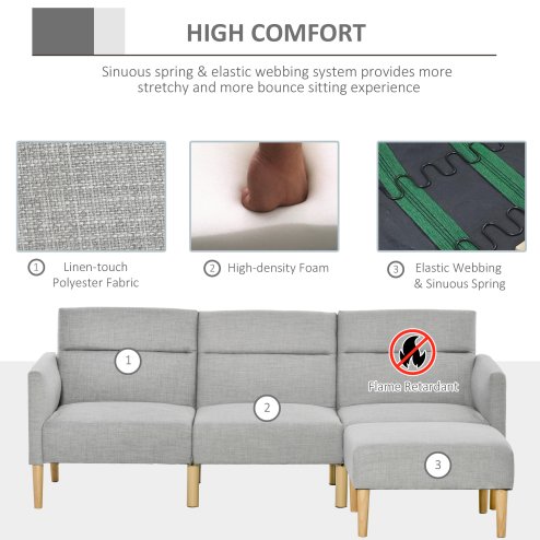 HOMCOM Upholstered 3 Seater Sofa Bed, Corner Reversible Click Clack Sofa Set, Linen-Touch Fabric Sleeper Futon with Footstool, Light Grey