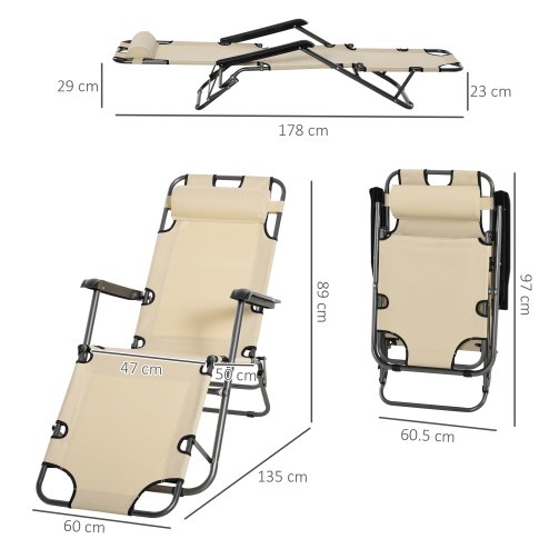 Outsunny 2 in 1 Folding Sun Lounger Reclining Garden Chair with 2-Level Adjustable Backrest, Outdoor Zero Gravity Recliner Garden Chair with Head Pillow and Armrests, Beige