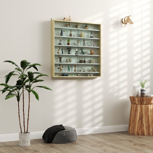 HOMCOM 7-Tier Wall Mounted Display Cabinet, Display Case with 6 Adjustable Shelves, Glass Doors for Home Office Ornaments 83x80cm, Oak