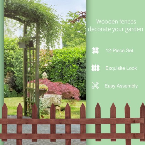 Outsunny Pack of 12 Wooden Border Fences, Garden Fixed Picket Fence for Lawn Edging, Flowerbed, 60L x 1D x 34H cm, Rustic Brown