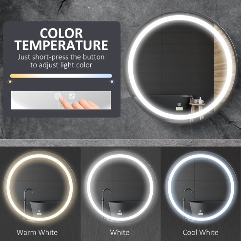 kleankin Round LED Bathroom Mirror, Dimmable Lighted Wall-Mounted Mirror with 3 Temperature Colours, Memory Function, Hardwired, Black