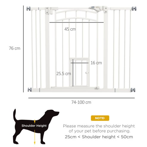 PawHut Dog Stair Gate Pet Barrier with Small Cat Door, Pressure Fit Safety Gate  with Auto Closing System, Double Locking, for Hallways, 74-100 cm Openings - White