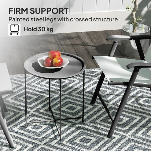 Outsunny 46cm Round Small Garden Table with Removable Tray and Folding Legs, Metal Garden Side Table, Indoor Outdoor Coffee Table End Table for Patio, Balcony, Porch, Black