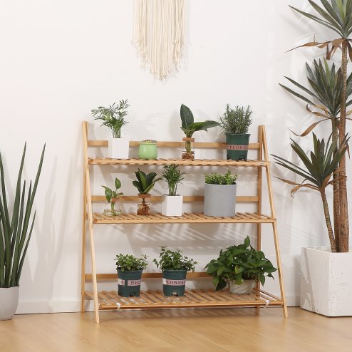 Outsunny 3-Tier Bamboo Plant Stand, Folding Plant Rack, Display Plant Shelf for Indoor & Outdoor Use, 98 x 37 x 96.5cm, Natural