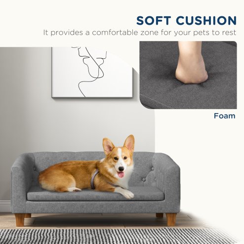 PawHut Dog Sofa Bed, Elevated Dog Couch for Small, Medium Dogs, with Soft Cushion, Removable and Washable Cover, Anti-Slip Pads - Grey