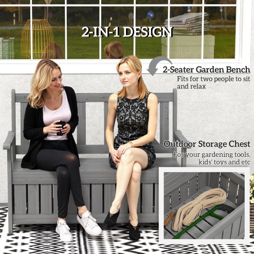 Outsunny Wood Garden Bench 2 Seater Storage Chest Patio Seating Chair with High Back and Armrest, Charcoal Grey