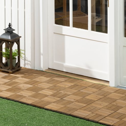 Outsunny 27 Pcs Wooden Interlocking Decking Tiles, Outdoor Flooring Tiles for Patio, Balcony, Terrace, Hot Tub, 30 x 30 cm per Piece, 2.5m² per Pack, Brown