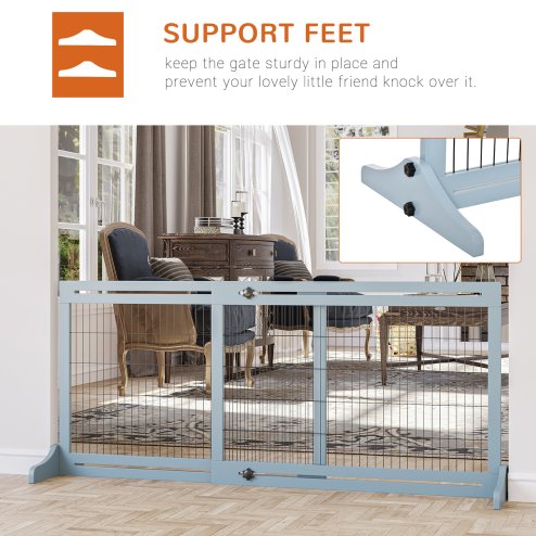 PawHut Freestanding Dog Gate, Foldable Pet Fence, Indoor Wood Barrier, Stair Gate with Support Feet, for Doorway, Hallway, Small and Medium Dogs, 69H x 104-183 cm, Blue-grey