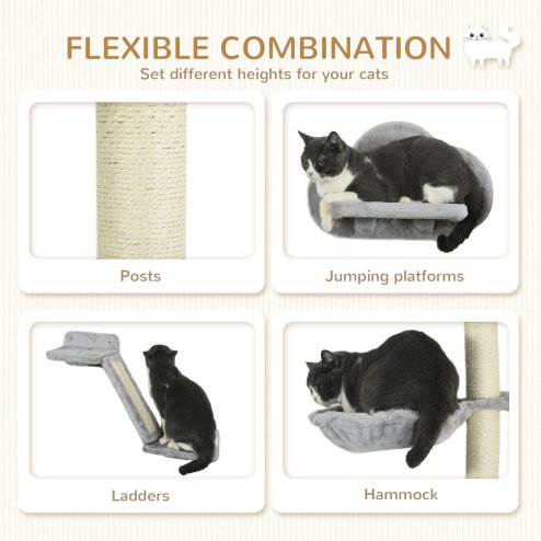 PawHut Three-Piece Wall-Mounted Cat Shelves, with Hammock, Cloud-Shaped Jumping Platform, Ladder, Scratching Post, Cat Wall Furniture with Play Ball for Large Cats - Grey