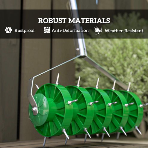 Outsunny Rolling Lawn Aerator, Heavy Duty Garden Aerator, Manual Lawn Spike Roller with T-bar Grip and 3 Piece Detachable Handle, Outdoor Garden Lawn Tool Dark Green