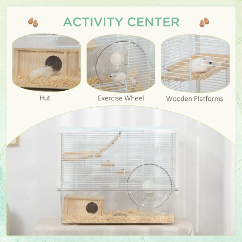 PawHut Hamster Cage, Gerbil Cage w/ Deep Bottom, Litter Area, Wooden Ramp, Platforms, Hut, Exercise Wheel, for Small Rodents, 59 x 35.5 x 47cm