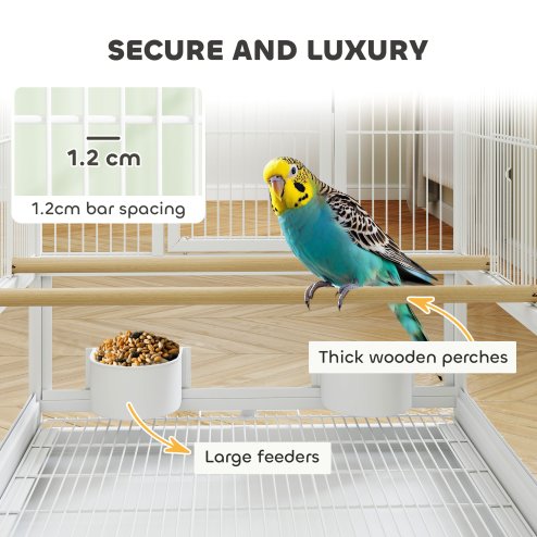 Pawhut Bird Cage, Metal Parrot Cage with Rolling Stand Wheels, Acrylic Viewing Panels, Storage Shelf, Slide-out Tray, Perches, Feeders, for Budgie, Parakeet, Canary, Finch, White, 48 x 46 x 83 cm