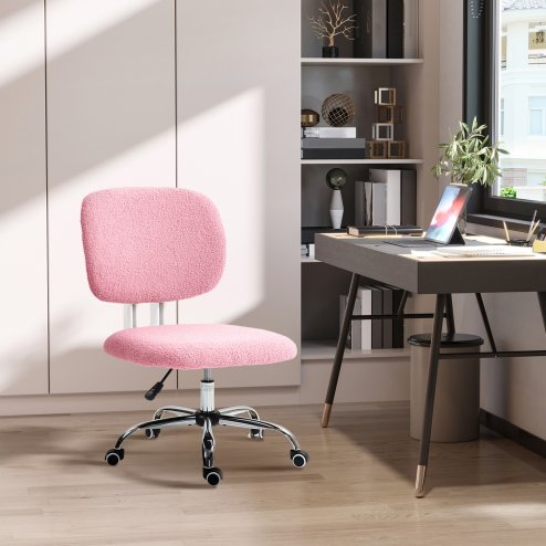 Vinsetto Cute Armless Office Chair, Teddy Fleece Fabric Computer Desk Chair, Vanity Task Chair with Adjustable Height, Swivel Wheels, Mid Back, Pink