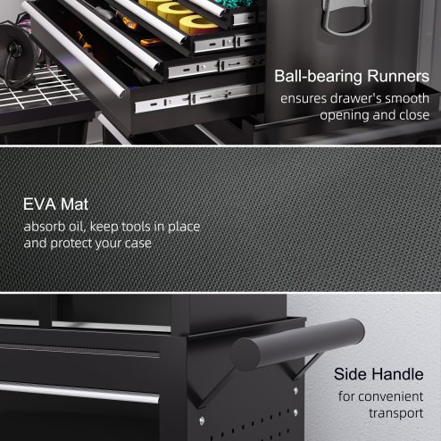 HOMCOM 2 in 1 Rolling Tool Cabinet on Wheels with 14 Drawers, Pegboard and Side Rack, Lockable Top Tool Chest and Roller Cabinet Combo for Workshop and Home, Black