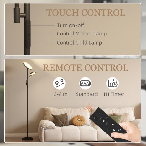 HOMCOM LED Floor Lamp for Living Room, Stepless Dimmable Standing Lamp, Mother and Child Uplighter with Reading Light, 4 Scene Modes, 2700K-6500K Colour Temps, 4 Brightness Levels, Remote Control