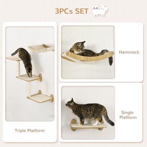 PawHut 3PCs Wall Mounted Cat Tree Cats Shelves, Climbing Shelf Set, Kitten Activity Center with Jumping Platforms Hammock Scratching Post, Oak