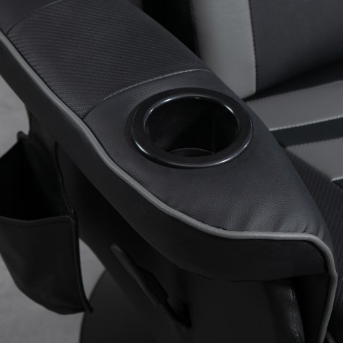 HOMCOM Massage Recliner Chair with Remote, PU Leather Recliner Armchair with Cup Holders and Side Pockets, Racing Style Reclining Chair with Headrest, 360° Swivel, Lumbar Support, Grey